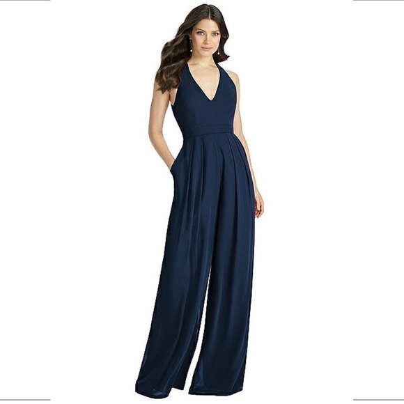 Dessy Collection wide leg chiffon v-neck jumpsuit open back midnight navy 10 - Picture 1 of 8